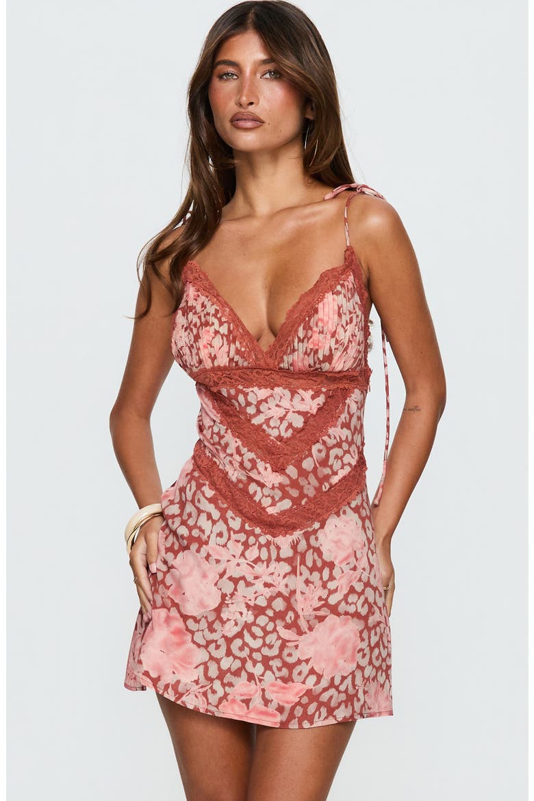 Orithia Lace Trim Sleeveless Minidress, Alternate, color, RED / PINK LEOPARD