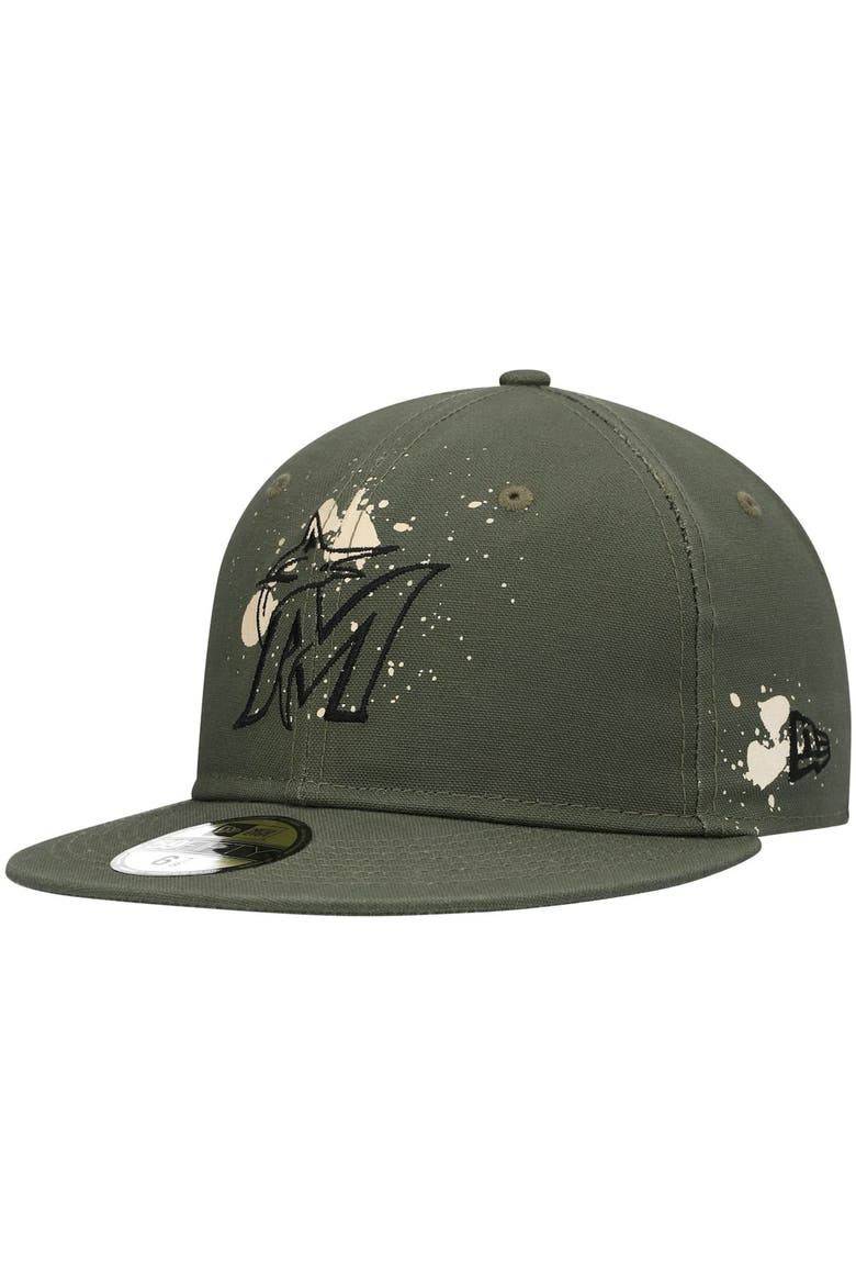 Men's New Era Olive Miami Marlins Splatter 59FIFTY Fitted Hat, Main, color, Olive