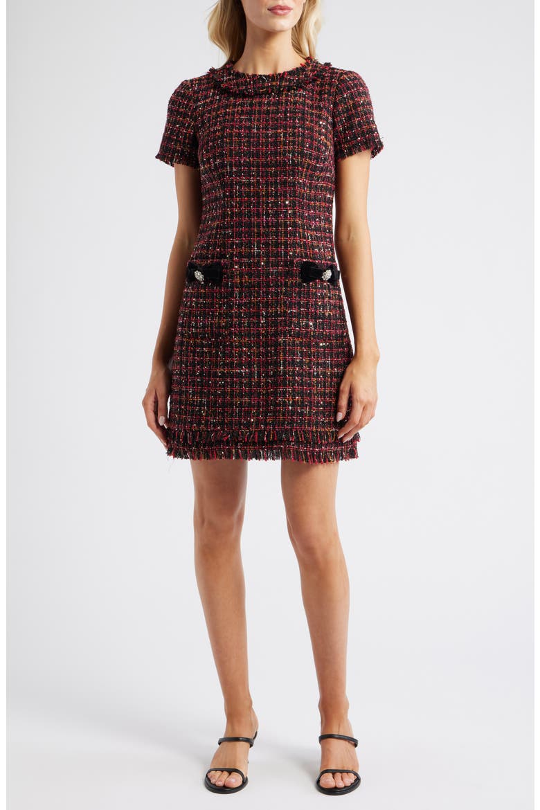 Jewel Neck Tweed Sheath Dress, Main, color, WINE BLACK