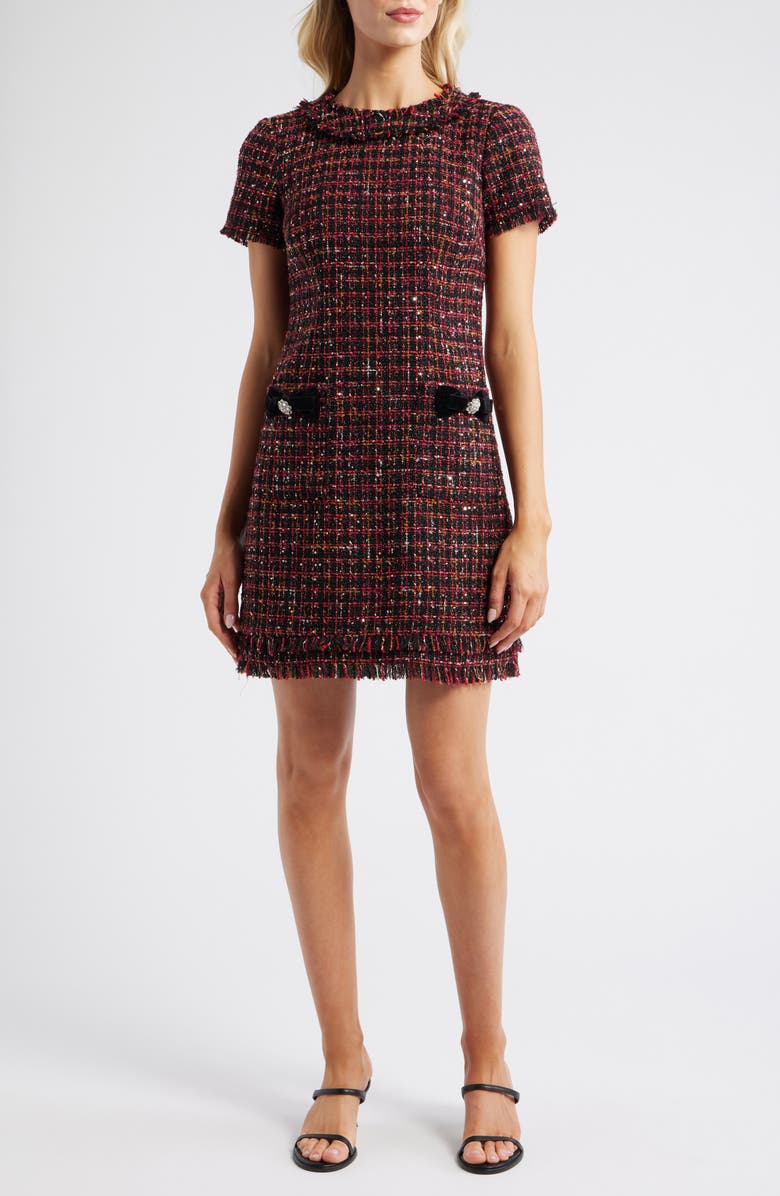 Eliza J Jewel Neck Tweed Sheath Dress, Main, color, Wine Black
