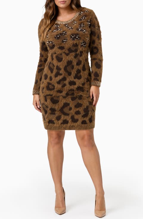 Snow Cat Long Sleeve Sweater Dress