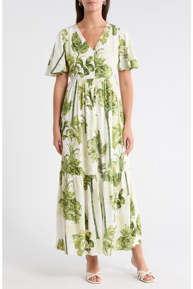 Floral Flutter Sleeve Dress, Main, color, CREAM-GREEN