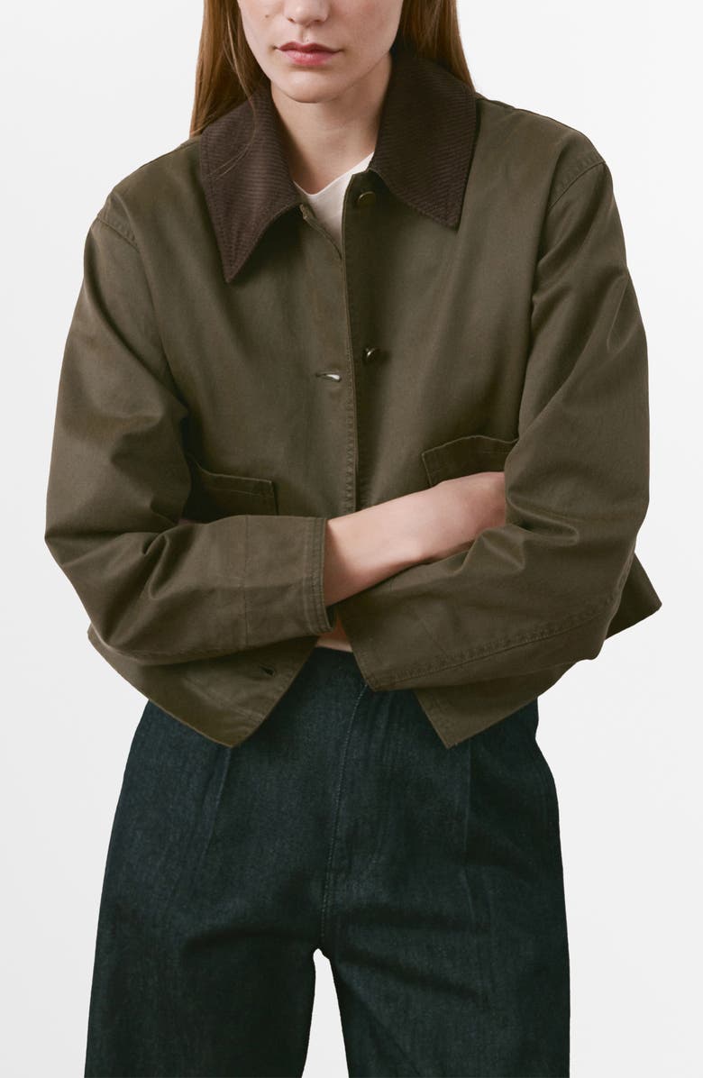 MANGO Corduroy Collar Denim Barn Jacket, Main, color, Khaki Green