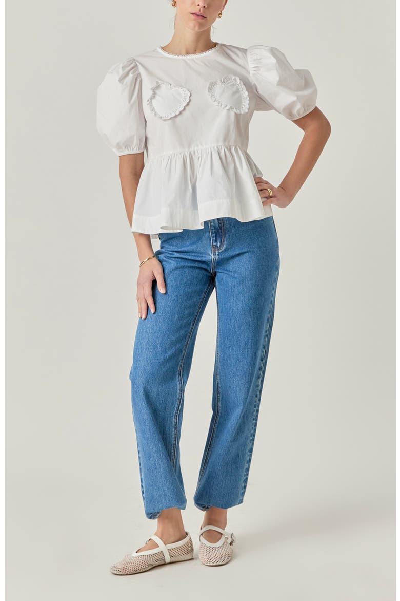 Heart Appliqué Puff Sleeve Peplum Top, Alternate, color, WHITE