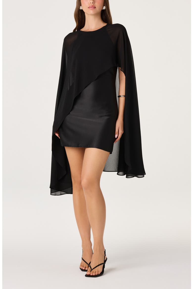 Ginevra Capelet Stretch Satin Minidress, Alternate, color, BLACK