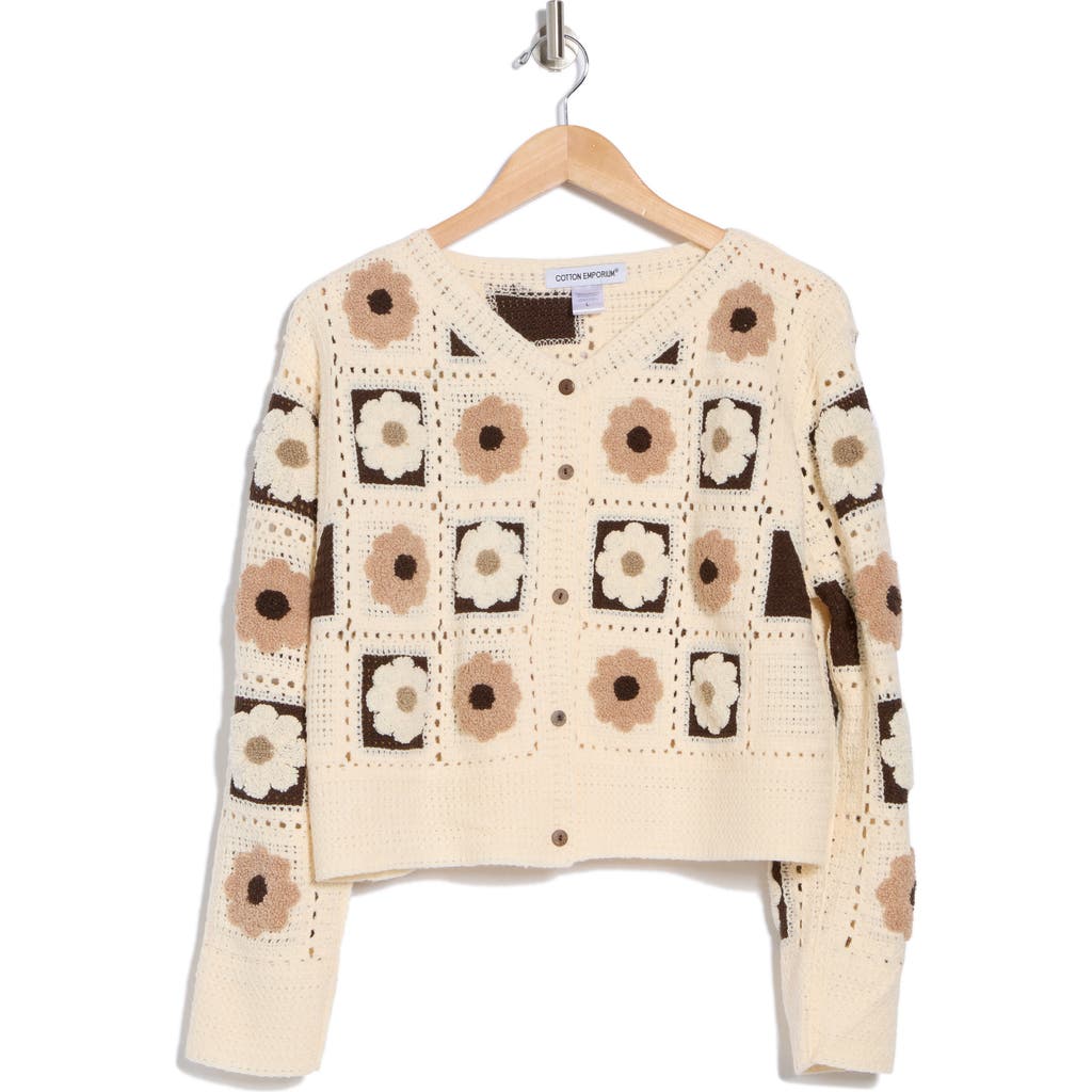 Cotton Emporium Flower Patch Button Front Cardigan In Ivory