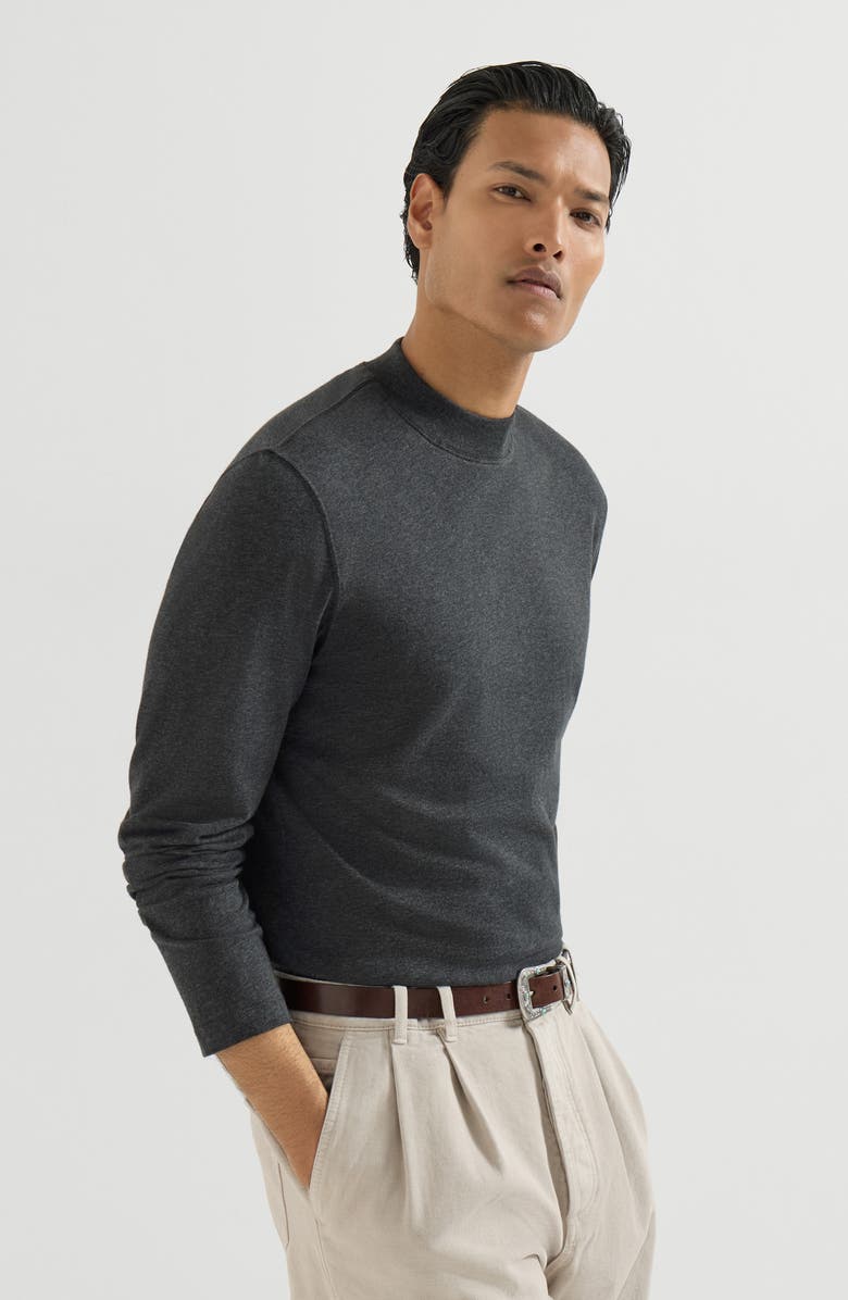 Brunello Cucinelli Cotton jersey long sleeve mock neck T-shirt, Alternate, color, Anthracite