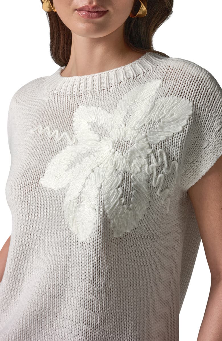 Donna Karan New York Floral Embroidered Short Sleeve Sweater, Alternate, color, Cream/ Cream