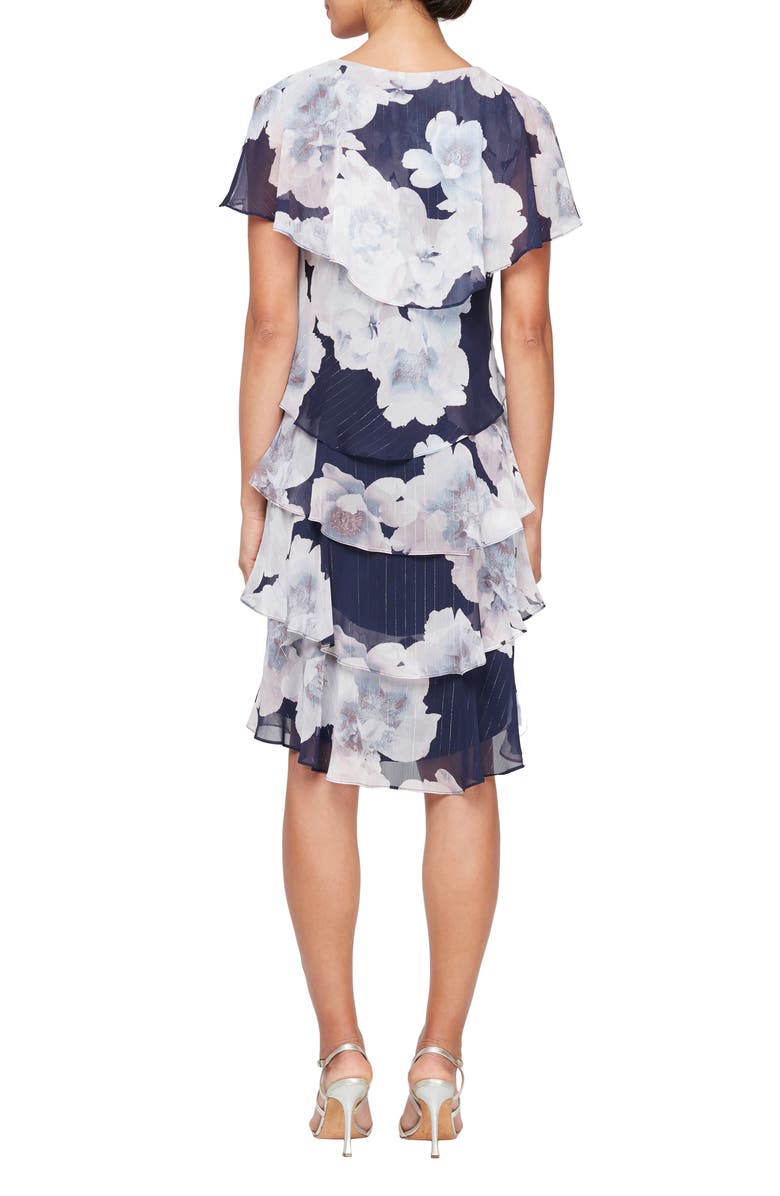 SL FASHIONS Floral Metallic Stripe Tiered Cocktail Dress, Alternate, color, Navy Multi