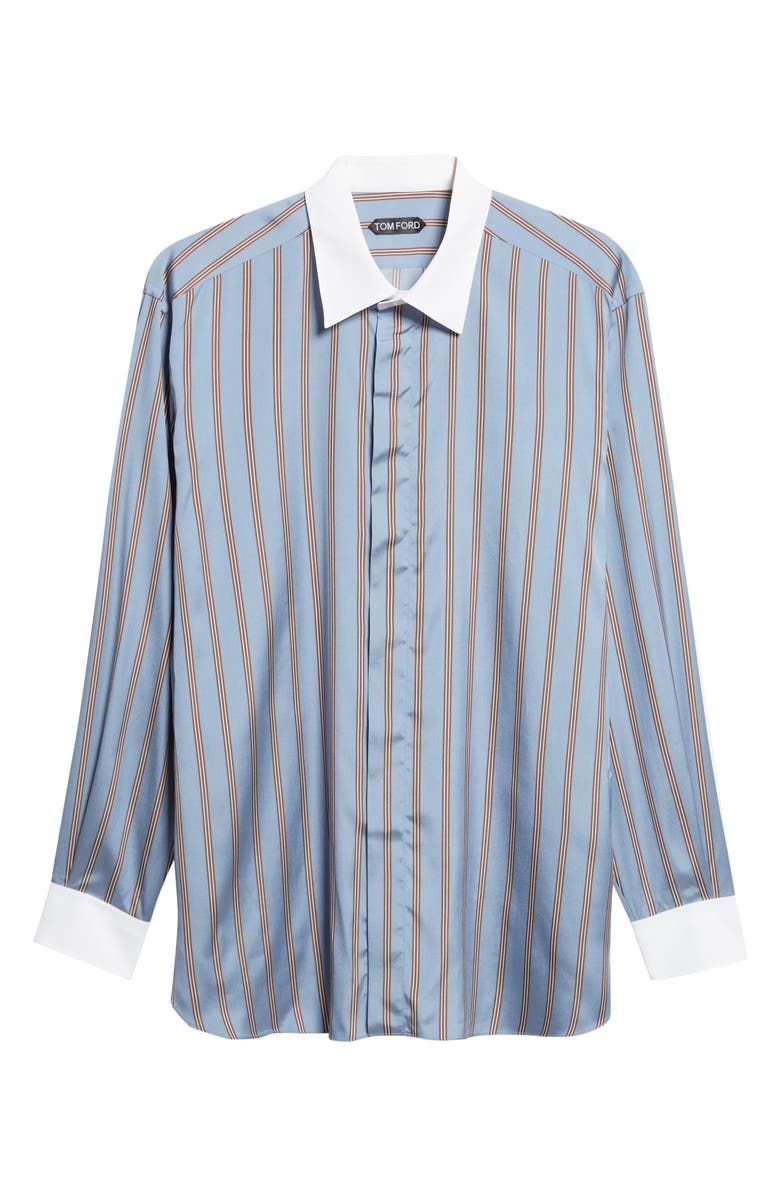 TOM FORD Fluid Fit Stripe Silk Jacquard Button-Up Shirt, Alternate, color, Blue Multicolor