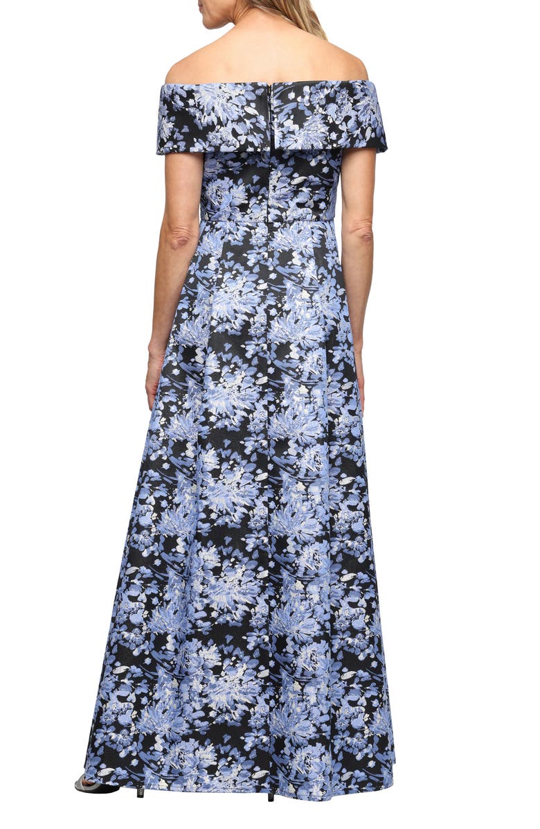 Alex Evenings Floral Jacquard Off the Shoulder Gown, Alternate, color, Black/Cornflower