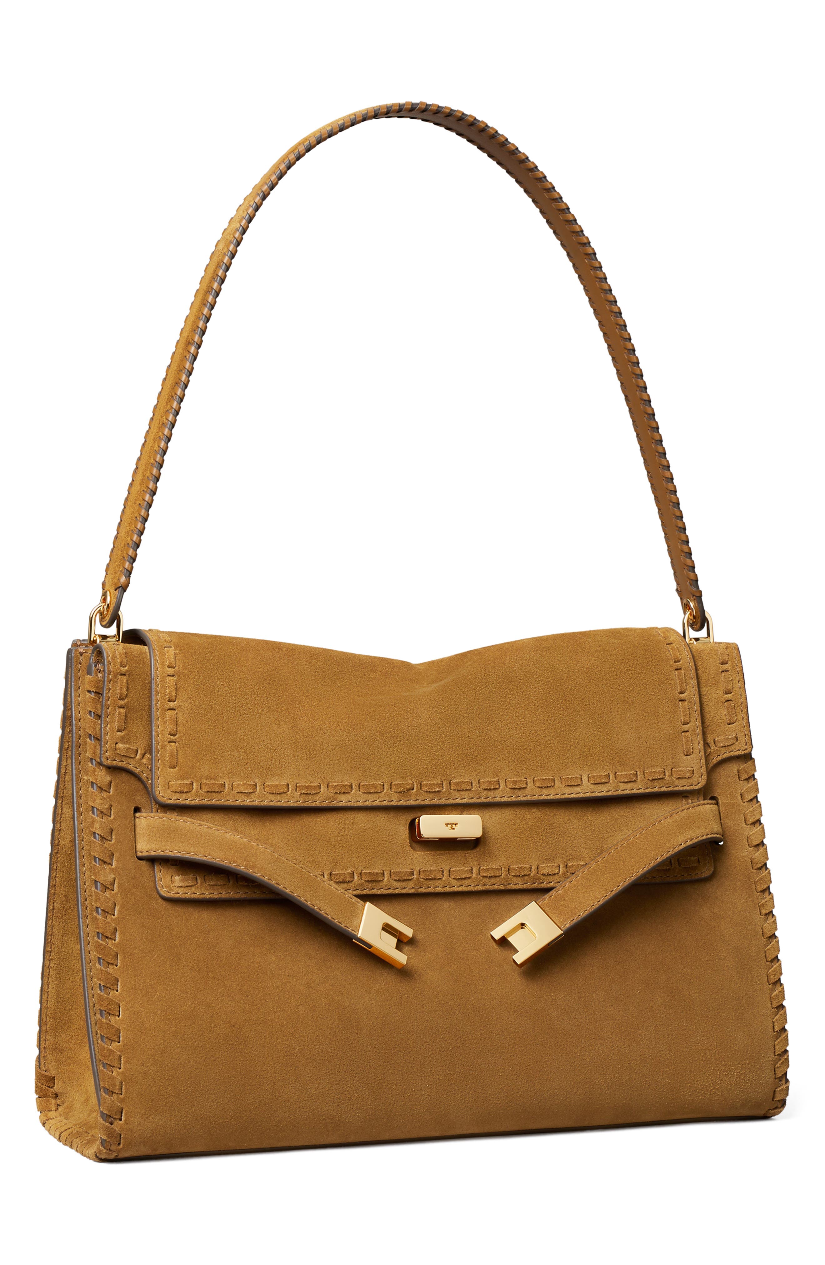 Tory Burch Large Lee Radziwill Suede Shoulder Bag, Alternate, color, Wild Tabacco