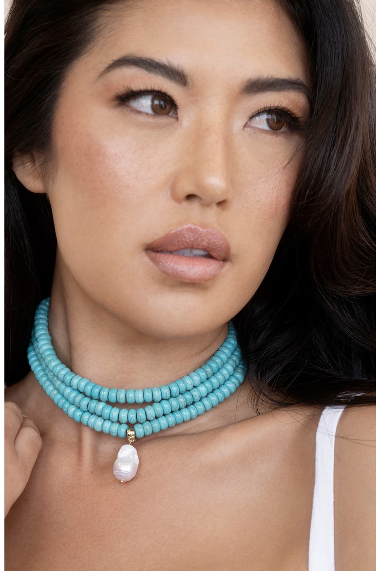 Triple Strand Turquoise & Freshwater Pearl Pendant Necklace, Alternate, color, TURQUOISE