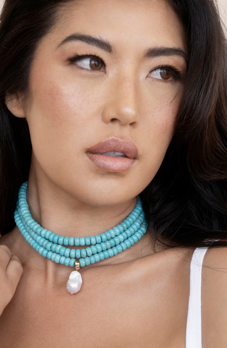 Ettika Triple Strand Turquoise & Freshwater Pearl Pendant Necklace, Alternate, color, 