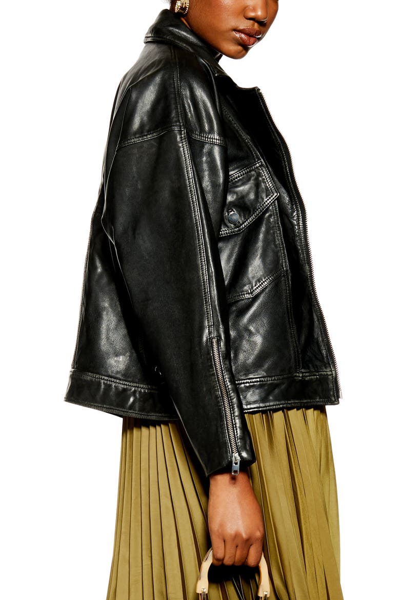 Oversize Leather Biker Jacket, Alternate, color, BLACK