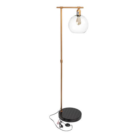 Metal Floor Lamp with Glass Globe Shade, Antique Brass and Wood