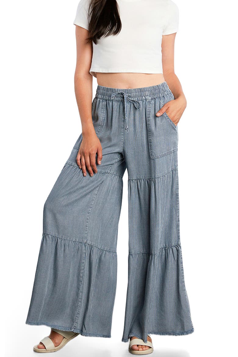 Fancy Cotton Blend Tiered Pants, Alternate, color, RAILROAD STRIPE DENIM