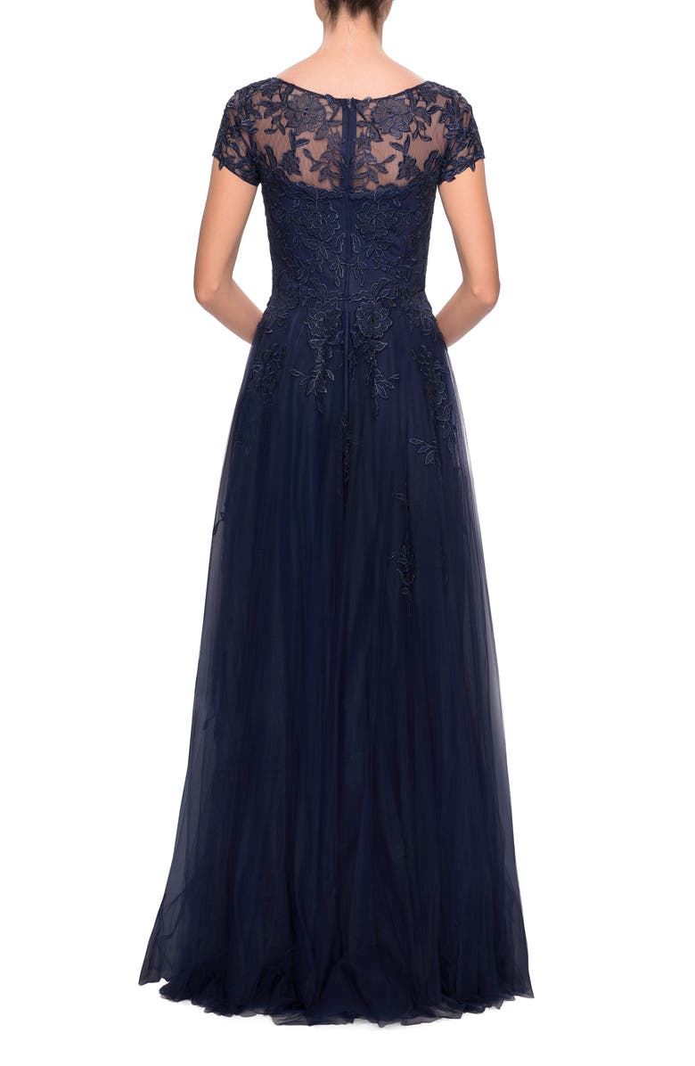 La Femme Beaded Lace Rhinestone A-line Evening Gown, Alternate, color, Navy