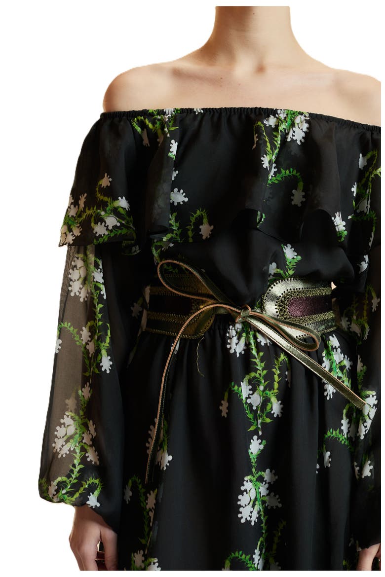 Off Shoulder Silk Maxi Dress, Alternate, color, Black Vine Floral