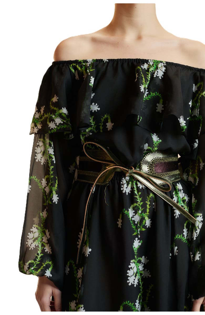 Cynthia Rowley Off Shoulder Silk Maxi Dress, Alternate, color, Black Vine Floral