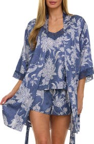 Flora Nikrooz Sabrina Floral Print Satin Short Pajamas & Robe Set