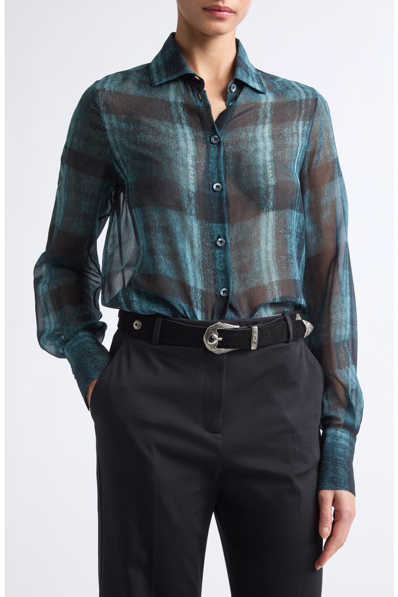 Plaid Silk Button-Up Shirt, Main, color, 178 DARK JADE