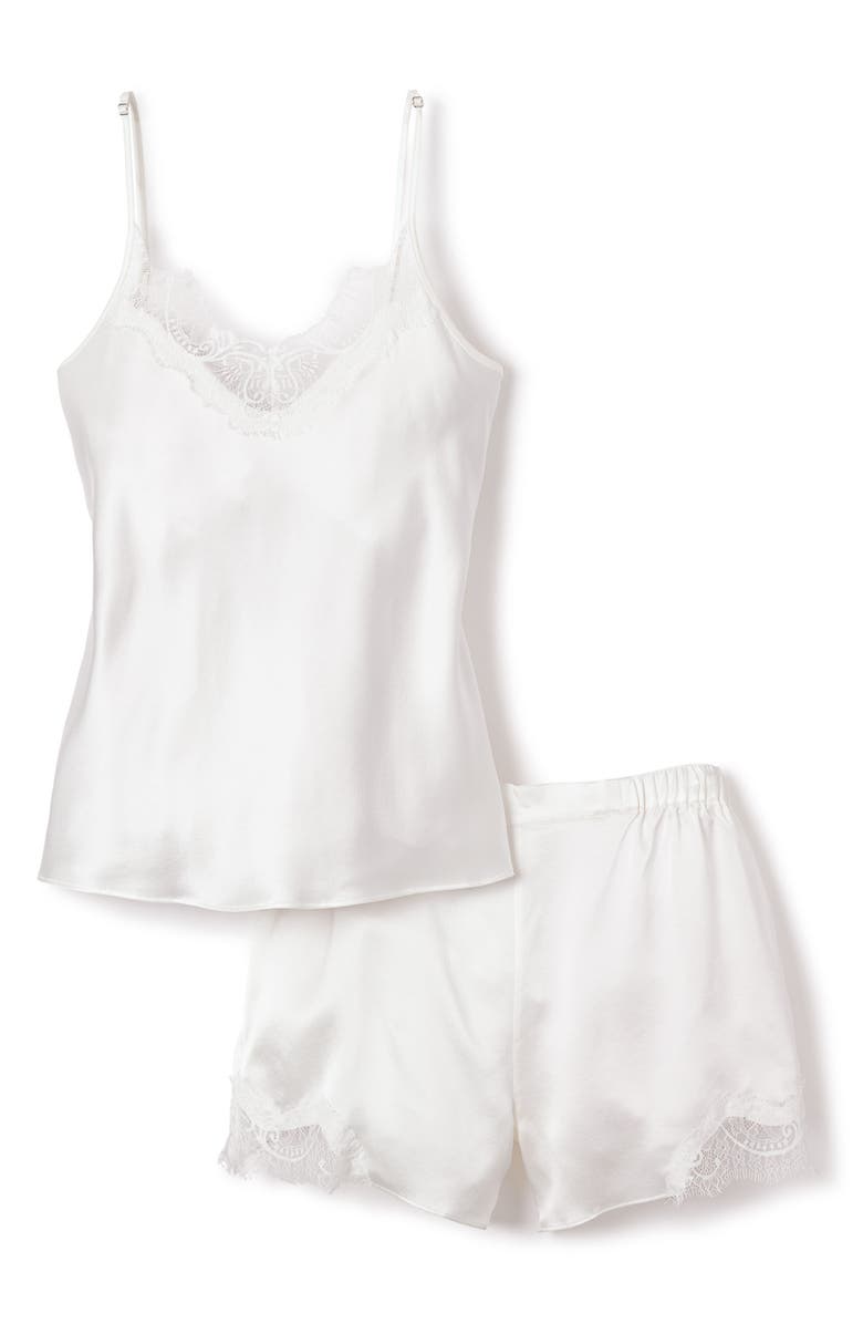 Petite Plume Lace Trim Mulberry Silk Short Pajamas, Alternate, color, White