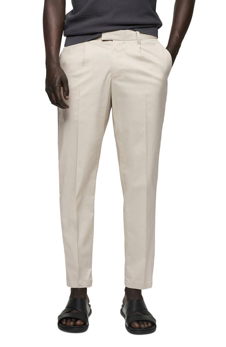 MANGO Slim Fit Pleated Crop Cotton Blend Chinos, Main, color, Beige