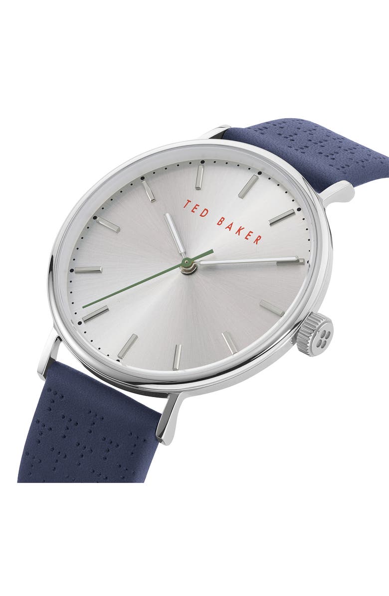 Ted Baker Three Hand Quartz Leather Strap Watch, 20mm, Alternate, color, Blue