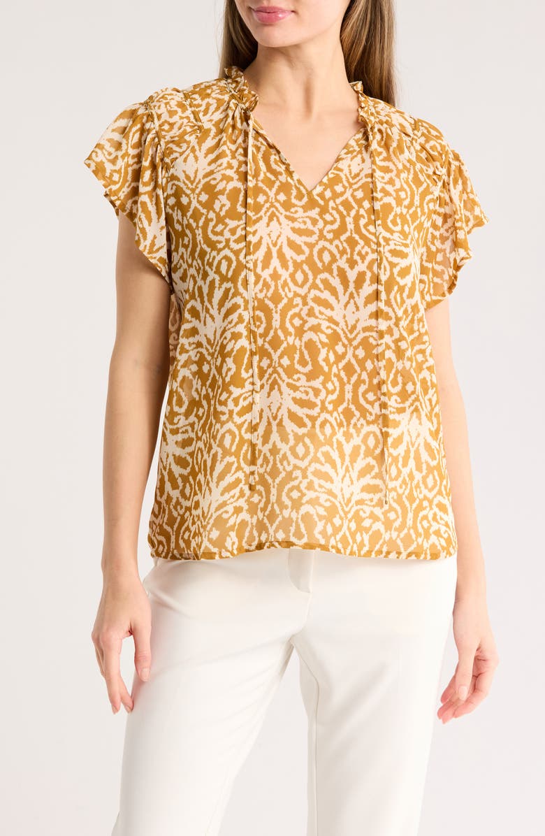 Pleione Flutter Sleeve Split Neck Top, Main, color, Taupe/ Ecru Ikat Geo