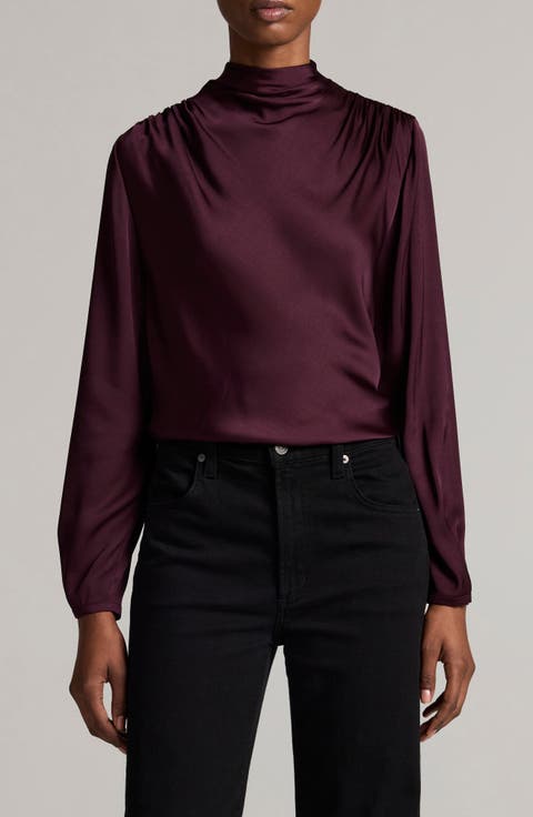 Drape Cowl Neck Long Sleeve Silk Blend Top