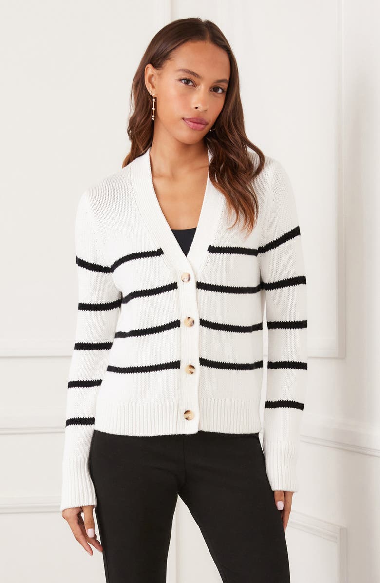 Karen Kane Stripe Stretch Cotton Blend Cardigan Sweater, Alternate, color, Off White W/ Black