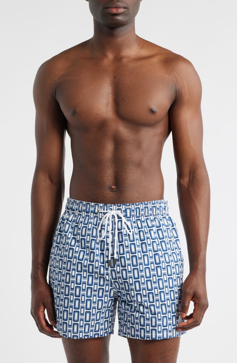Bugatchi Cruz Geo Print Swim Trunks, Main, color, Navy
