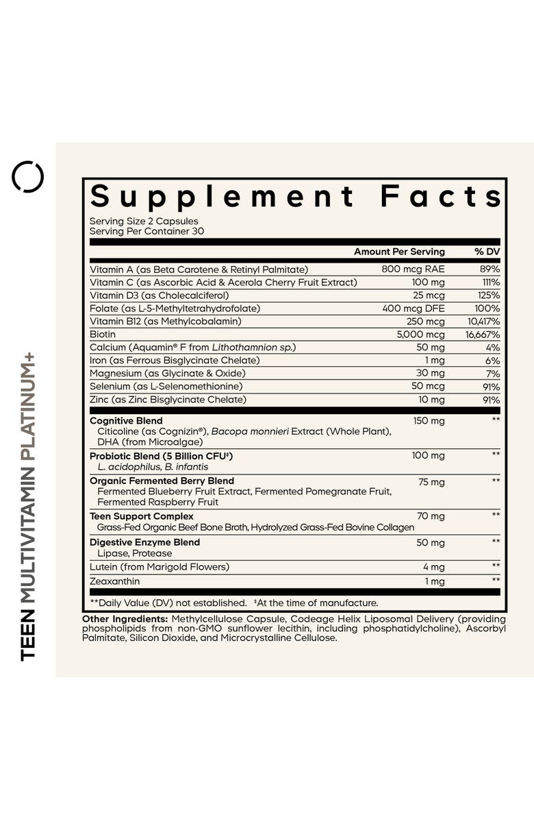 Codeage Teen Multivitamin+ Platinum, Vitamin A, E, B12, K2, Citicoline Supplement, Alternate, color, 