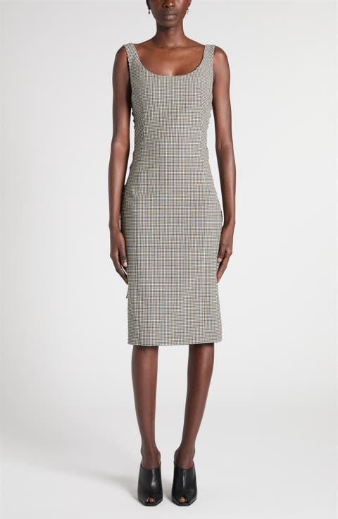 Check Corset Lace-Up Wool Sheath Dress