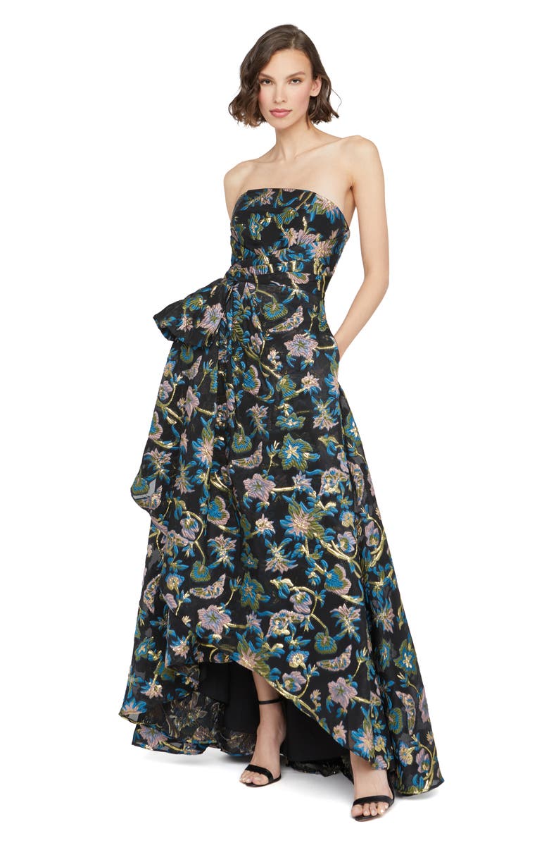 Theia Alice Metallic Jacquard Strapless High-Low Gown, Alternate, color, 