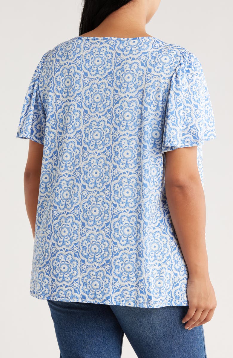 RUBY RD Embroidered Puff Print Flutter Sleeve T-Shirt, Alternate, color, Blue Sky Multi