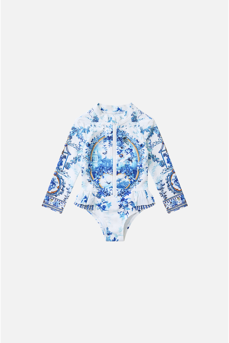 Kids Ruched Tie Side Long Sleeve Paddle Suit, Main, color, The Porcelain Parlour