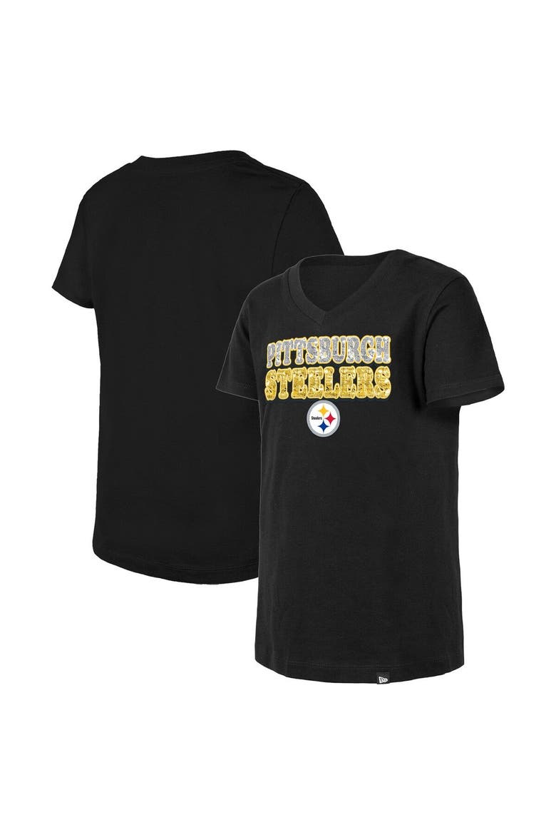 Girls Youth New Era Black Pittsburgh Steelers Reverse Sequin V-Neck T-Shirt, Main, color, Black