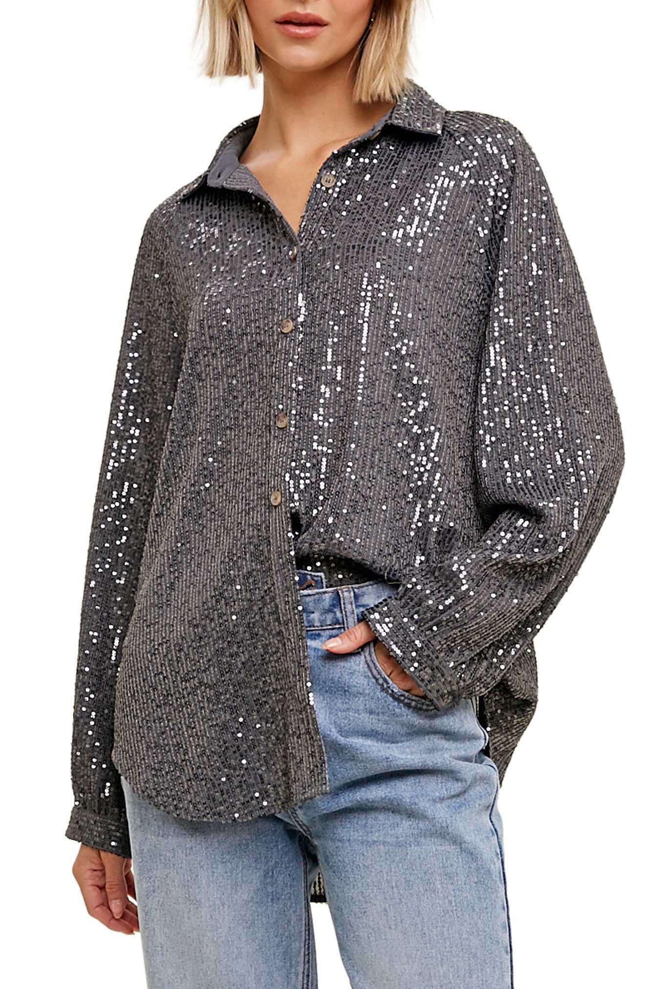WISHLIST Sequin Button-Up Blouse