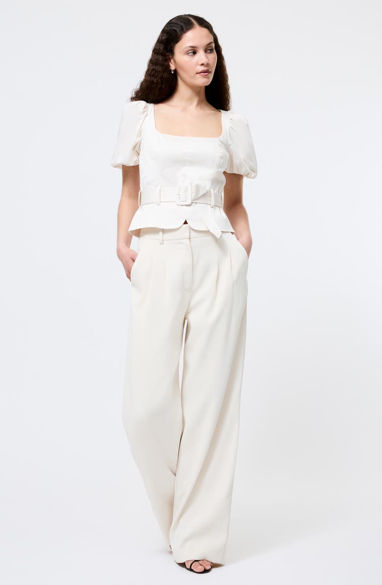 French Connection Belted Puff Sleeve Sateen Top, Alternate, color, Porcelain Cream