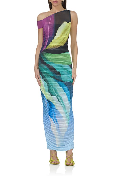 Biona One-Shoulder Ruched Mesh Maxi Dress