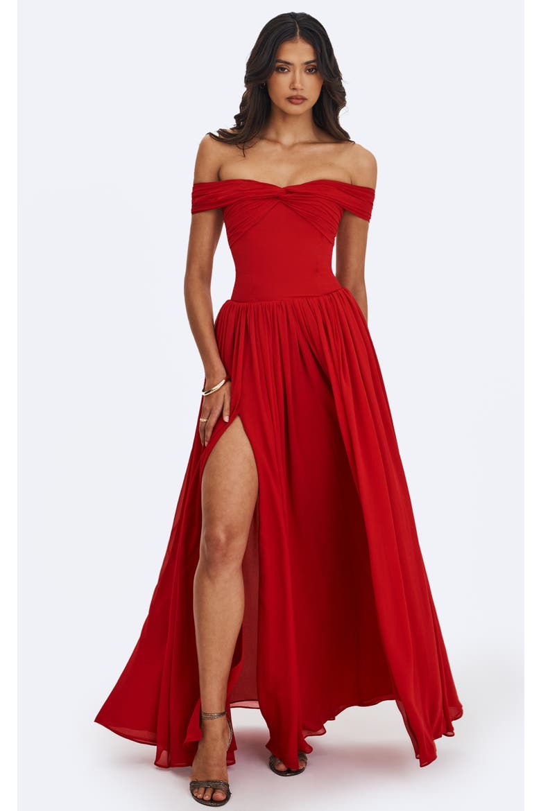Tereza Georgette Bardot High-Slit Maxi Dress, Main, color, Red