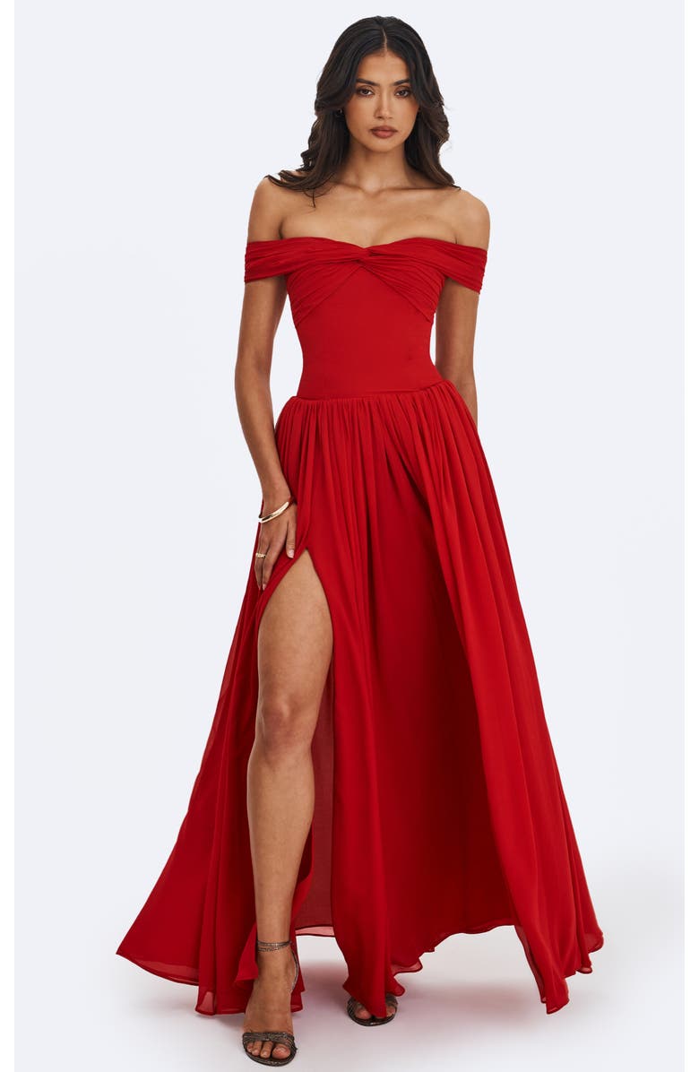 Miss Circle Tereza Georgette Bardot High-Slit Maxi Dress, Main, color, Red