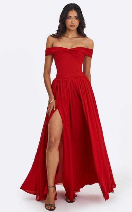Tereza Georgette Bardot High-Slit Maxi Dress