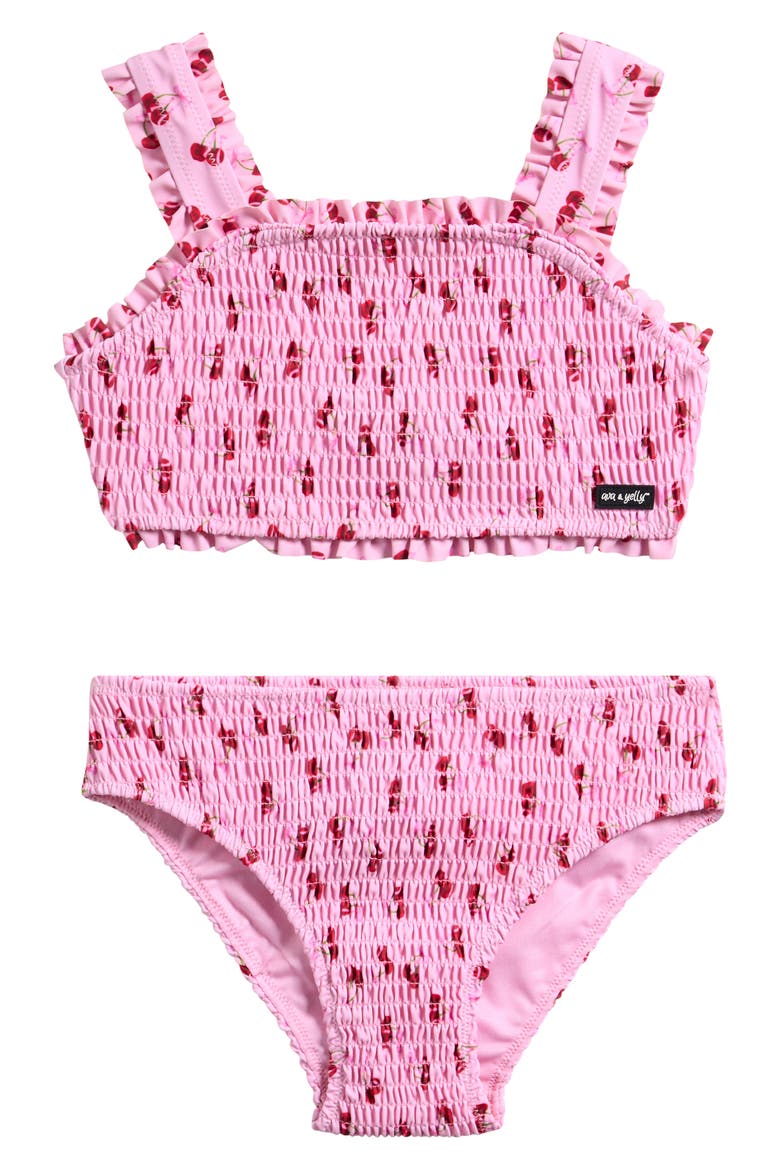 Kids' Cherry Smocked Two-Piece Swimsuit, Main, color, LIGHT PINK