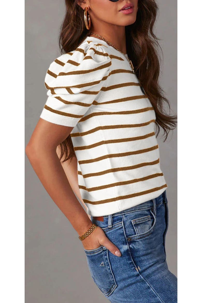 Striped Puff Sleeve Knit Top, Alternate, color, Brown
