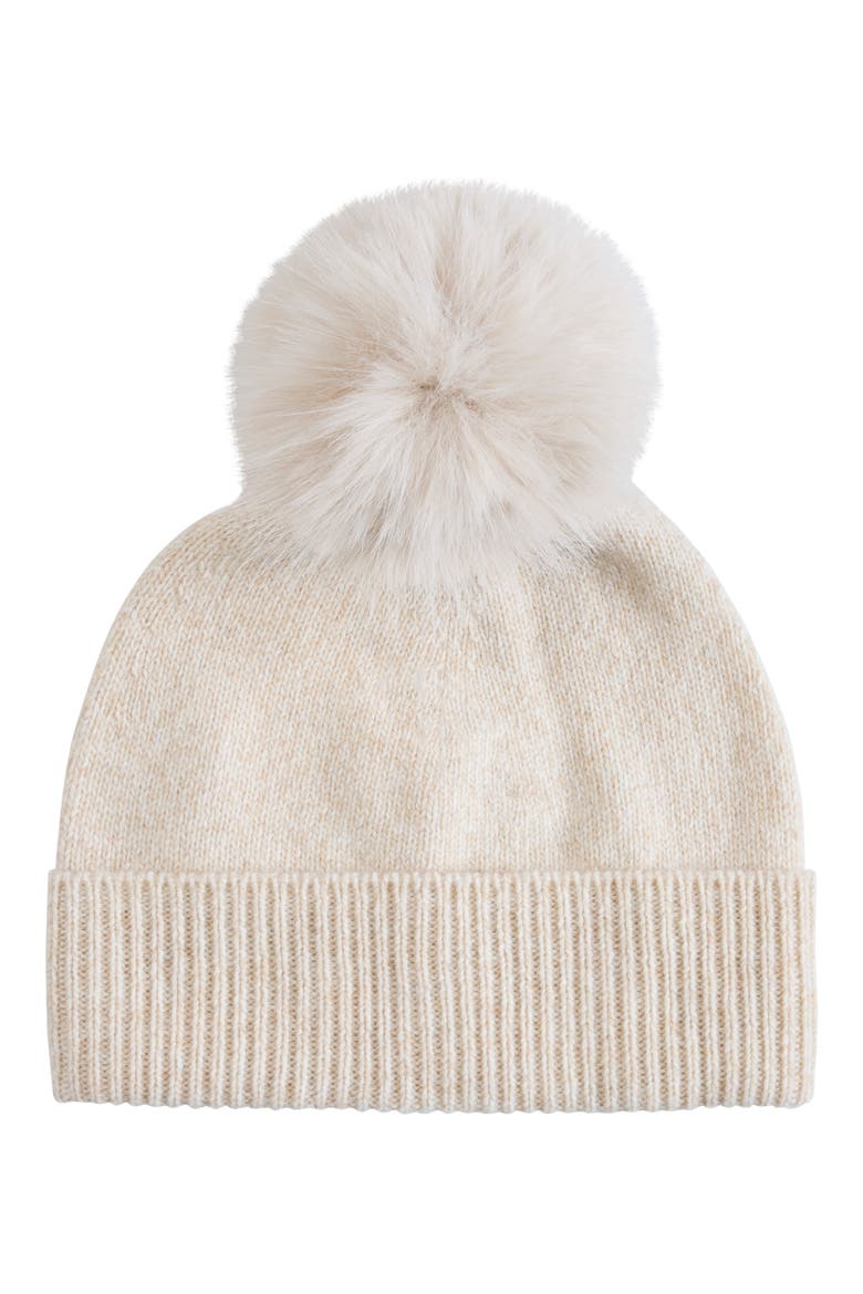 Marled Cashmere Beanie with Faux Fur Pom, Main, color, OATMEAL