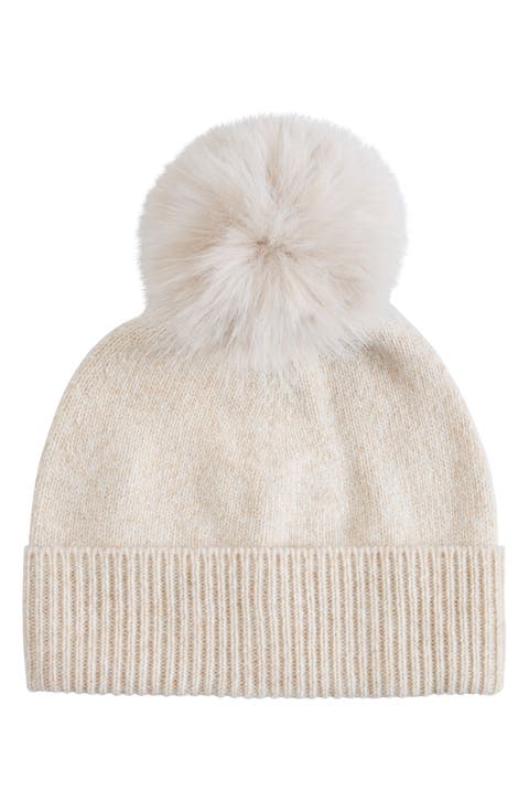 Marled Cashmere Beanie with Faux Fur Pom
