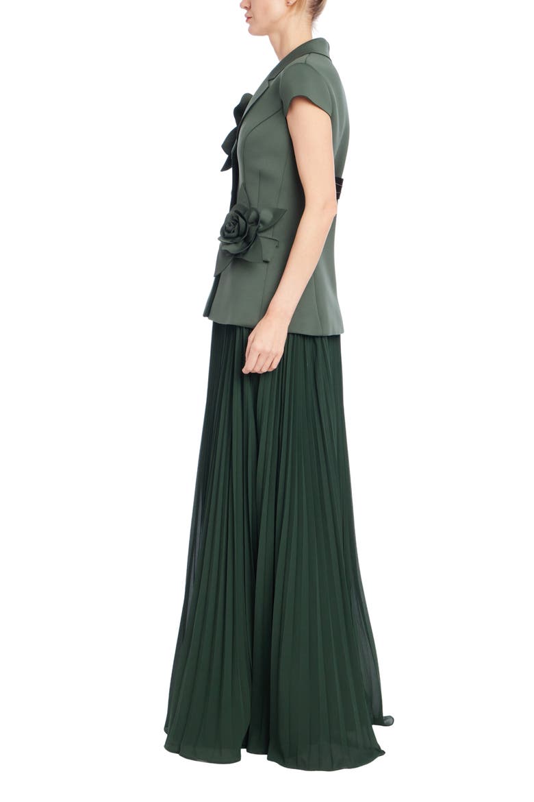 Rosette Scuba & Pleated Georgette Gown, Alternate, color, FOREST GREEN